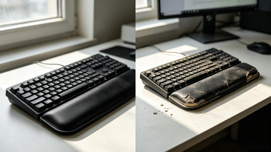 Comparison between a new PU leather wrist rest and a deteriorated PU leather wrist rest showing peeling, cracking, sweat damage, and foam exposure