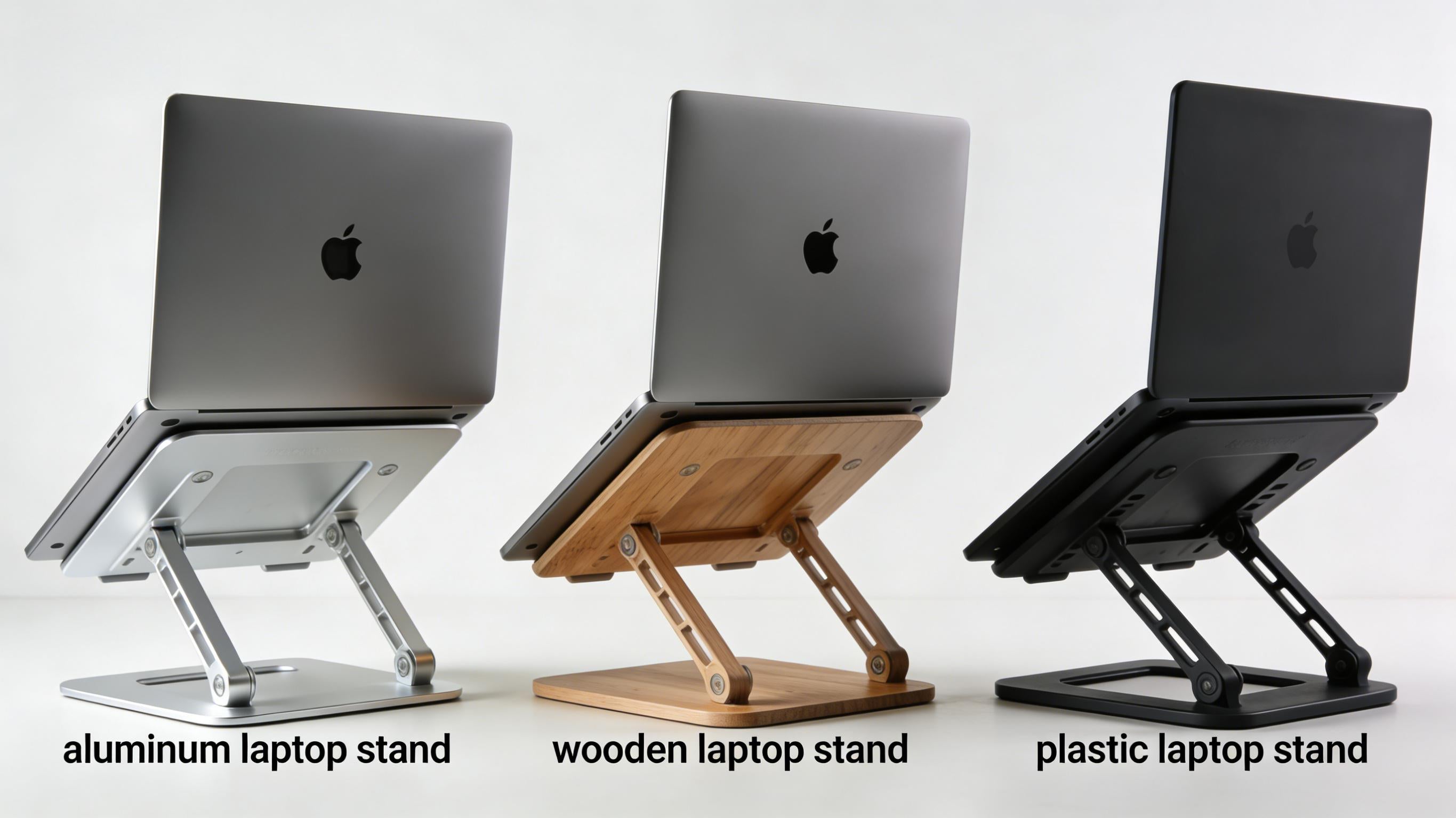 Comparative photo: aluminum vs wooden vs plastic laptop stands