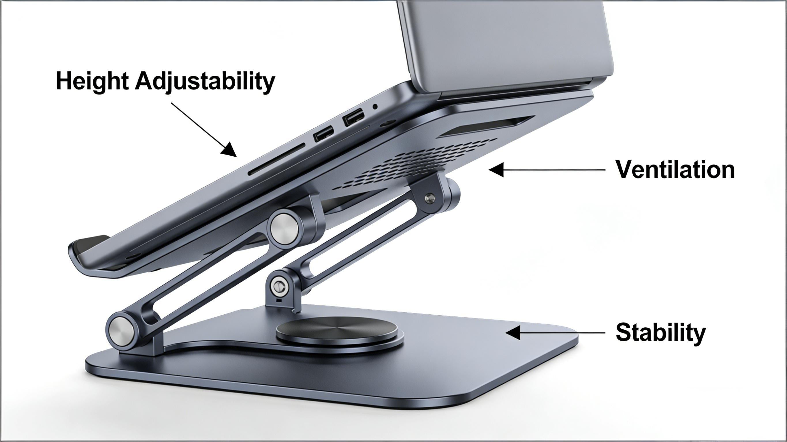 Diagram showing laptop stand key features: height adjustability, ventilation, stability