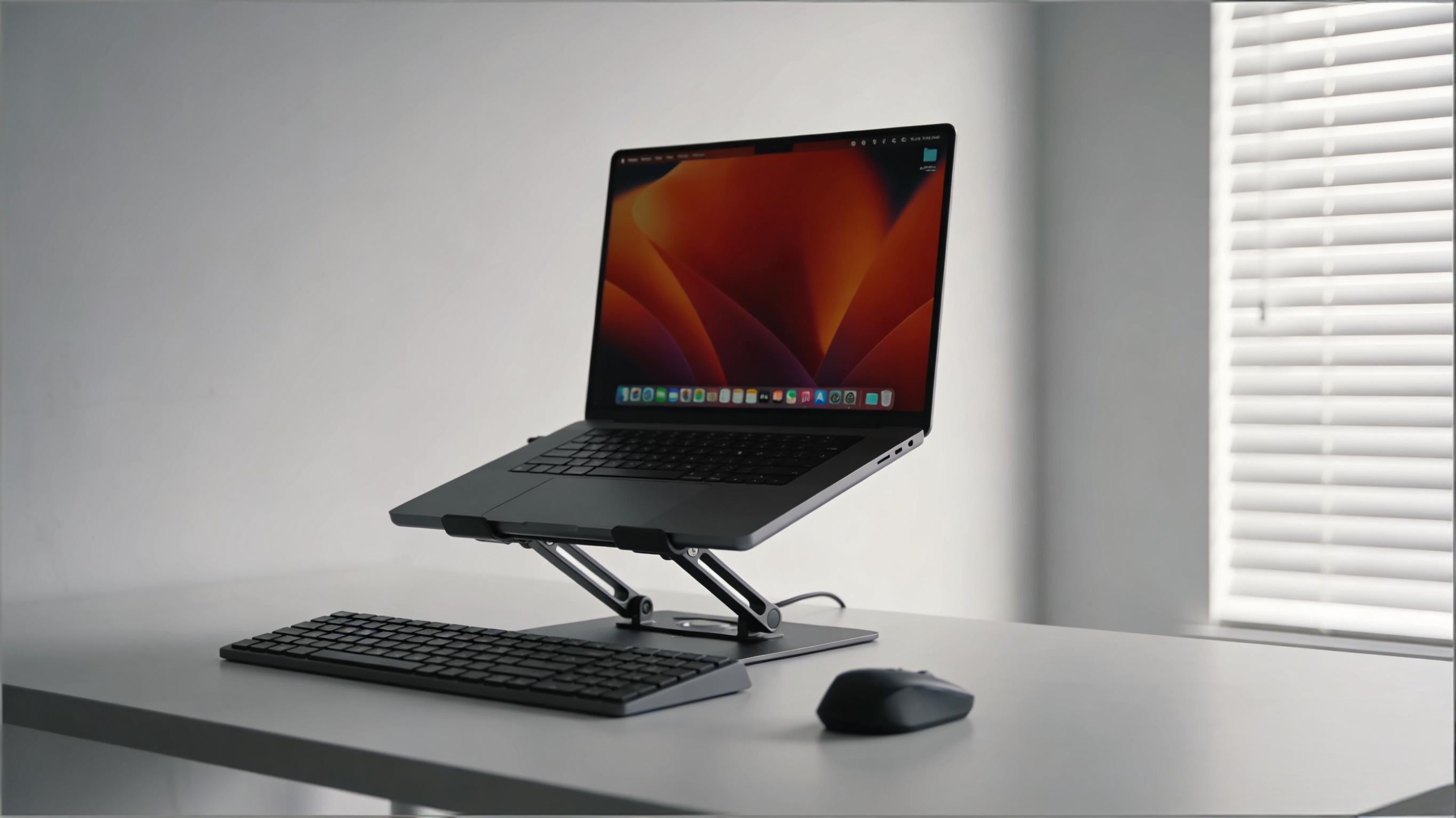 Laptop on an adjustable aluminum stand at a desk