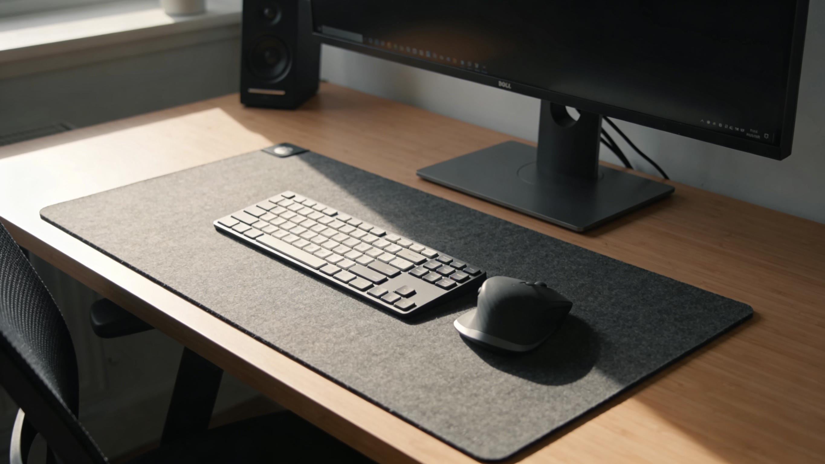 Minimalist home office desk setup with a large desk mat supporting keyboard and mouse use