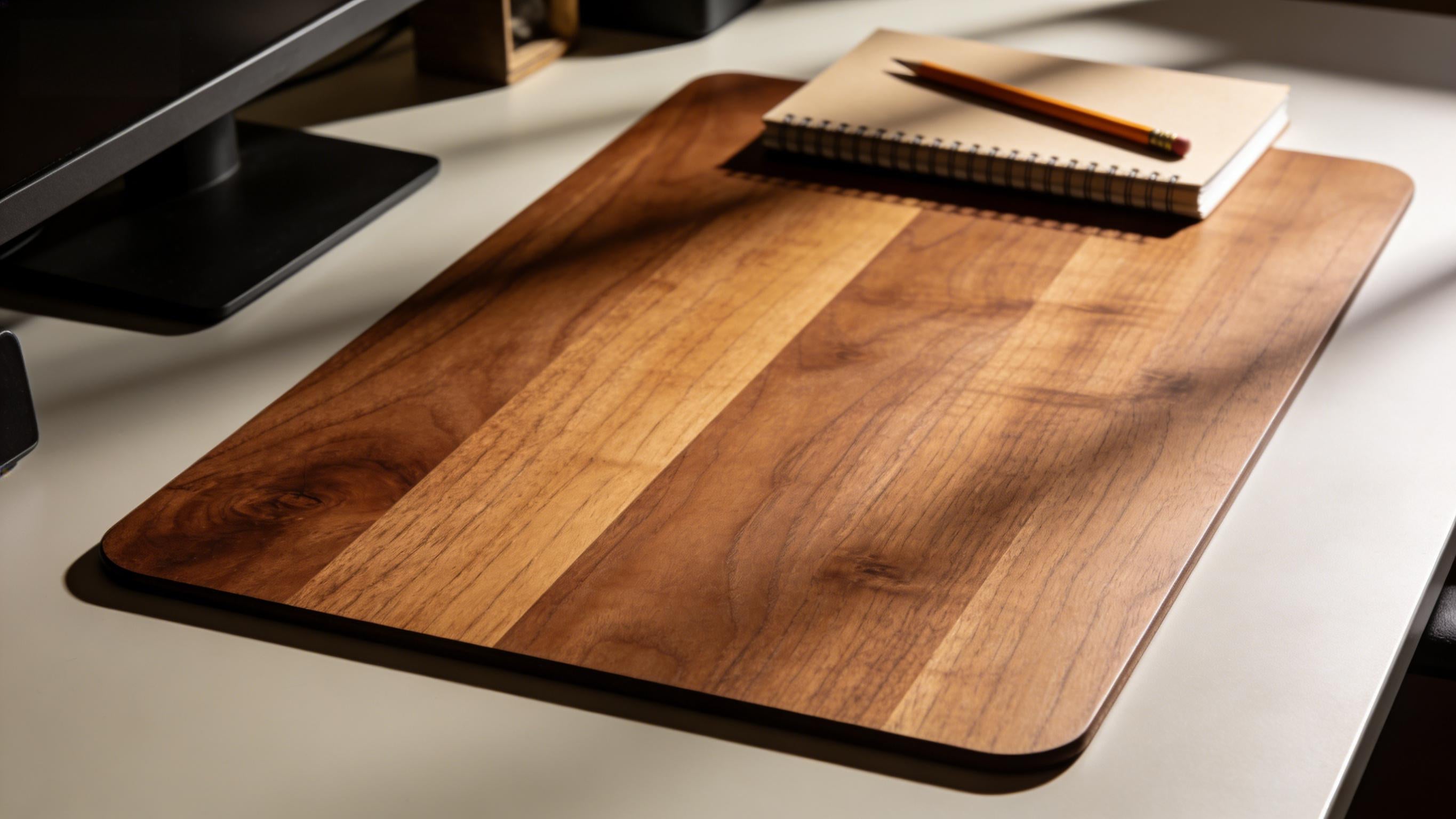 Natural wood desk mat providing a flat and stable writing surface on a modern desk