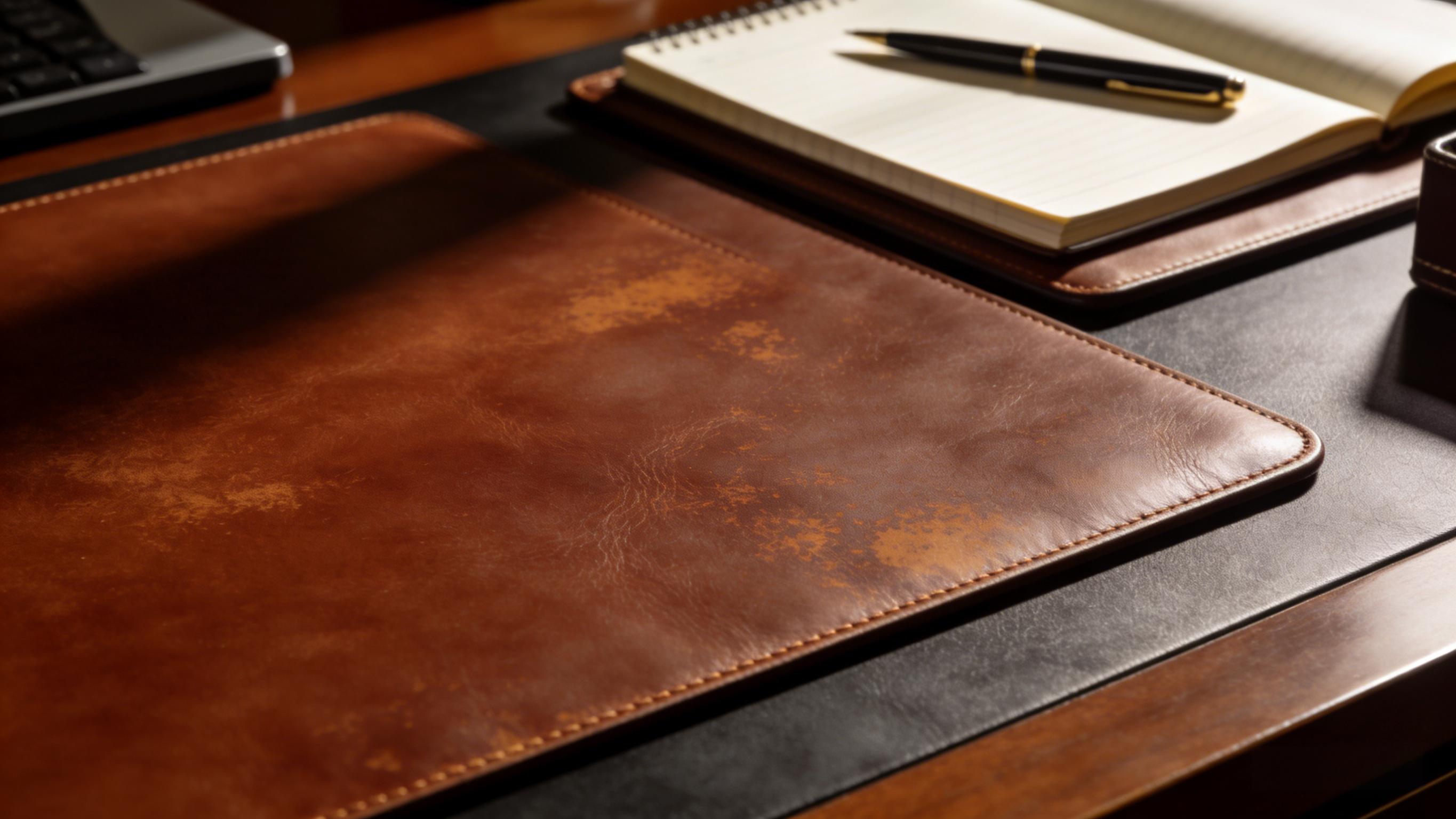 Premium leather desk mat with smooth surface and natural texture on a minimalist office desk