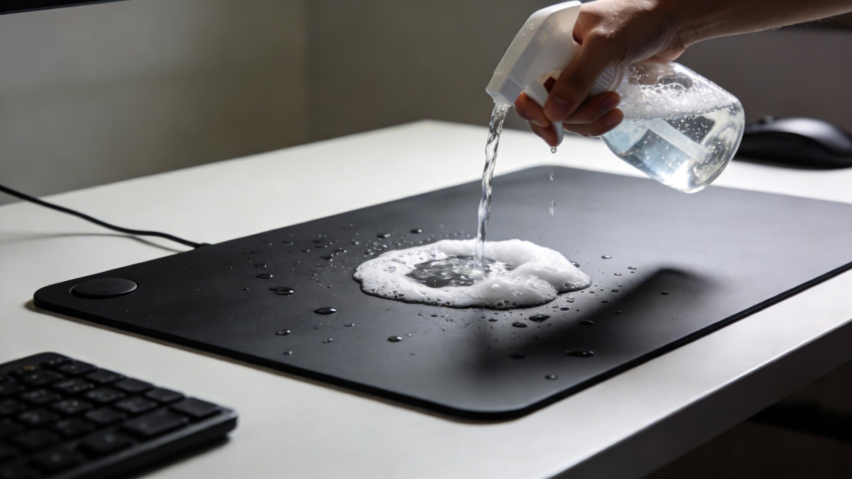 Silicone desk mat with water-resistant surface being cleaned easily with water and mild soap