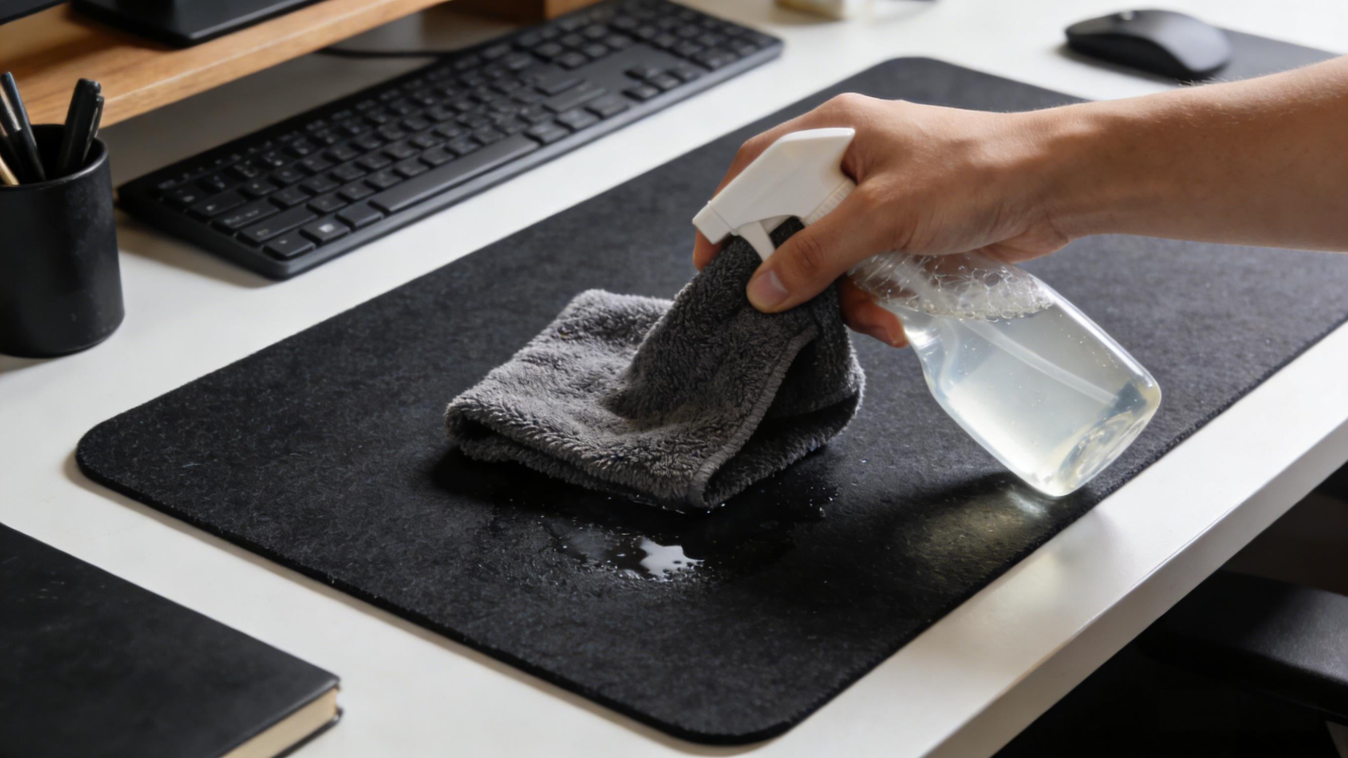 Spot cleaning a desk mat with a microfiber cloth to remove stains and maintain surface quality