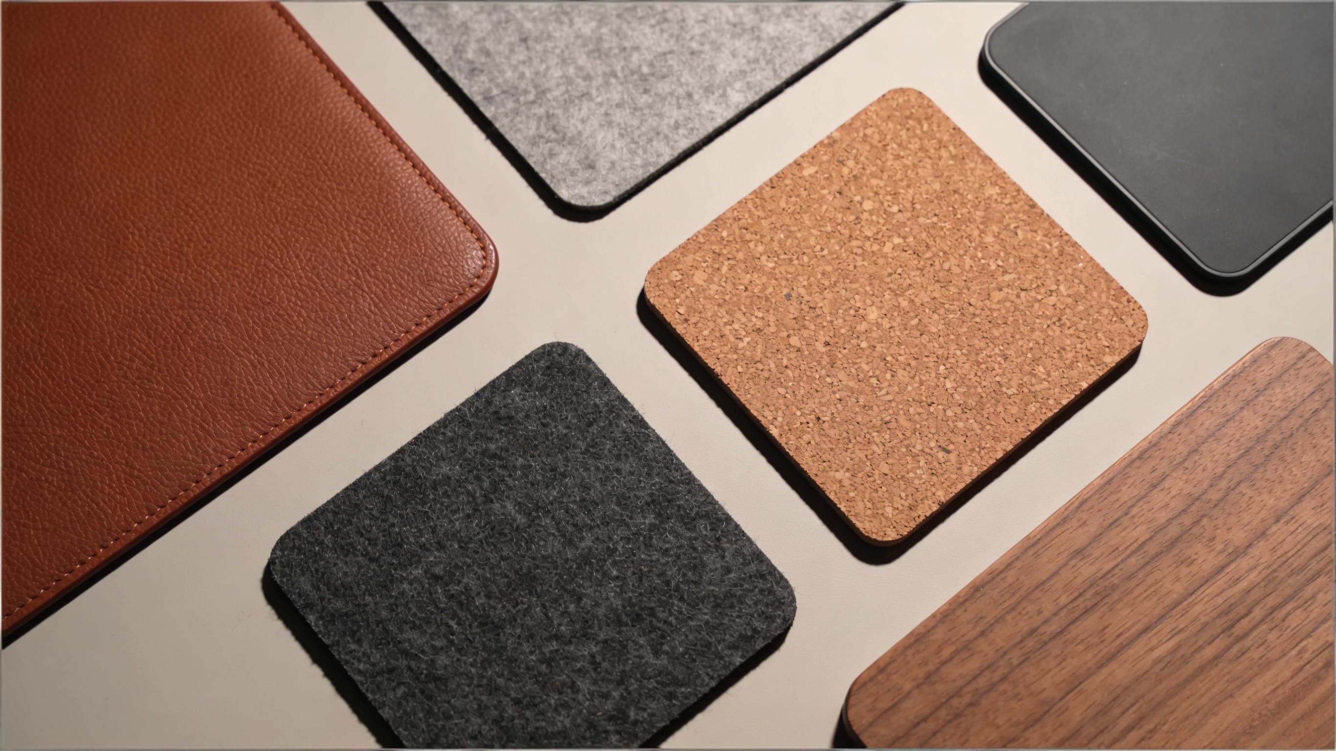 Top-down view comparing common desk mat materials such as leather, fabric, cork, felt, silicone rubber, and wood