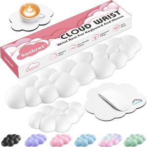 White Cute 4-in-1 Ergonomic Cloud Wrist Rest Set – Memory Foam PU Leather for Laptop & Computer with Pain Relief and Anti-Slip Comfort