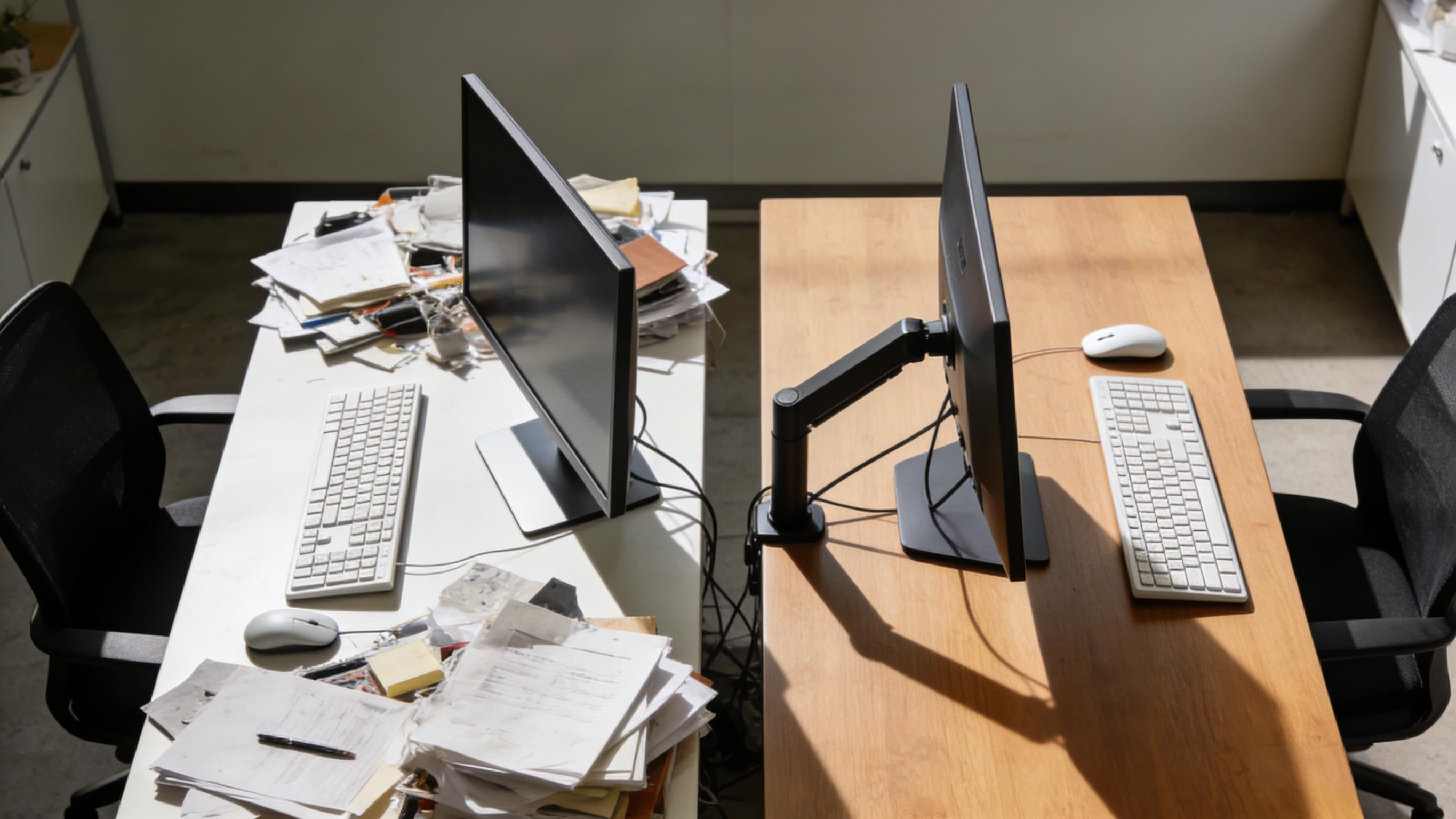 Before: cluttered desk; After: tidy desk with monitor arm