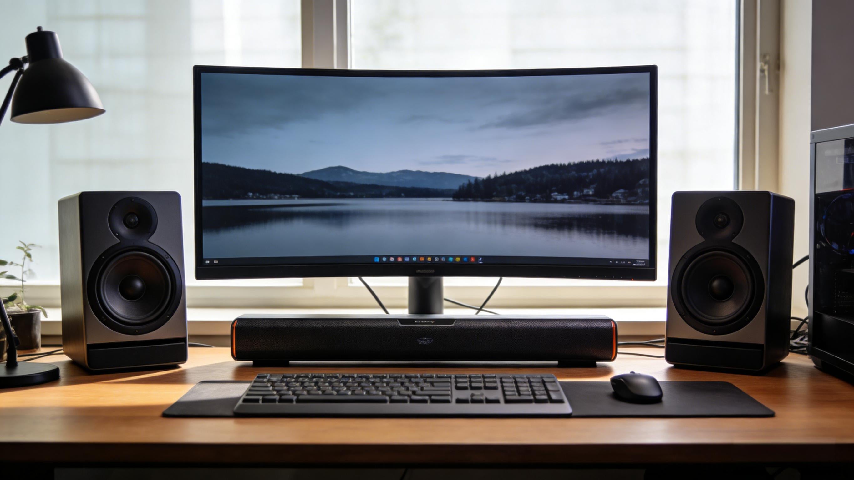 Desk speakers and a desktop soundbar on a modern computer desk setup