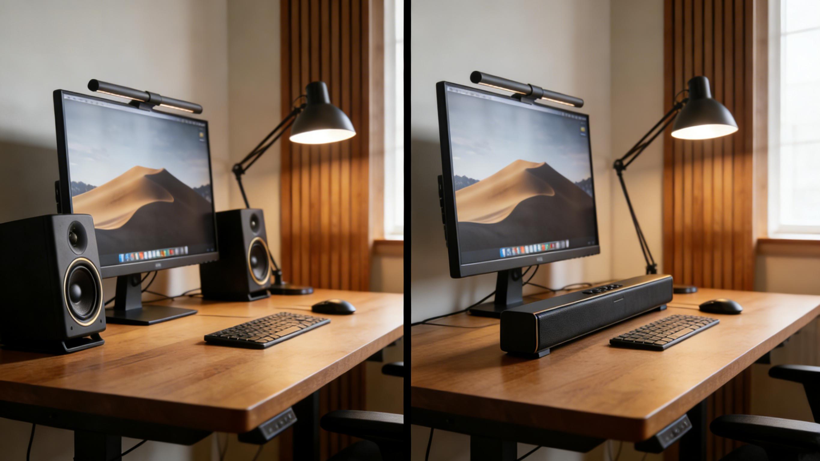Desk speakers compared with a desktop soundbar on the same computer desk