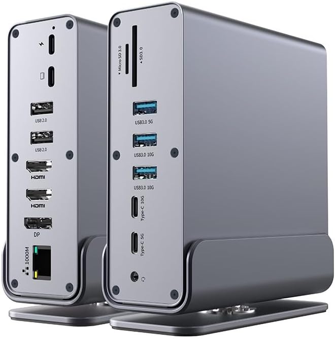 Docking station with multiple external monitor outputs, Ethernet, USB ports, and high-wattage power delivery