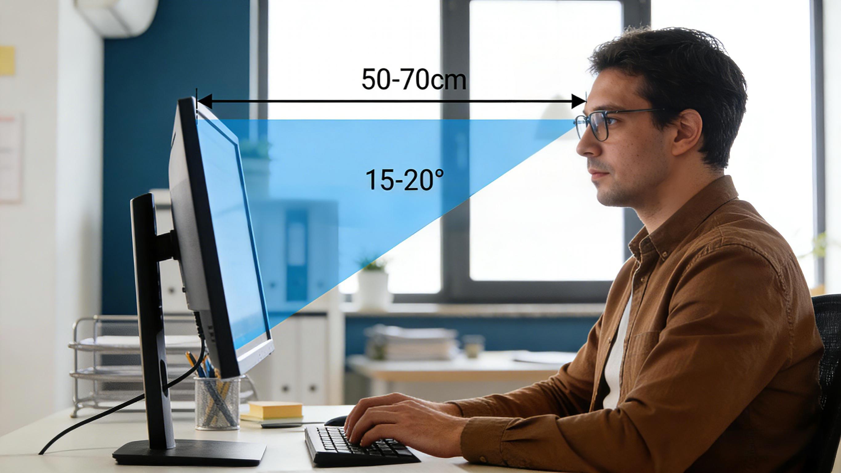 Person sitting at desk demonstrating monitor distance and eye-line