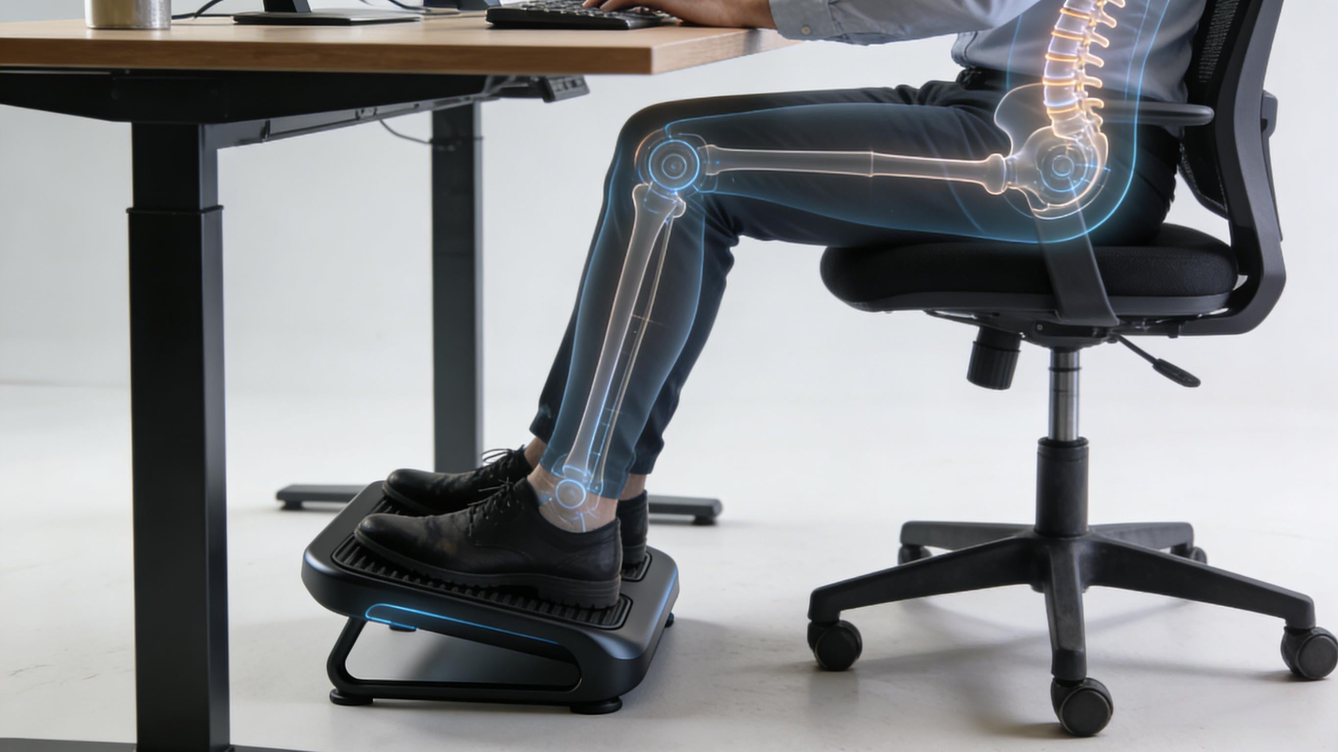 Ergonomic foot rest supporting feet under a desk to maintain proper sitting posture and leg alignment