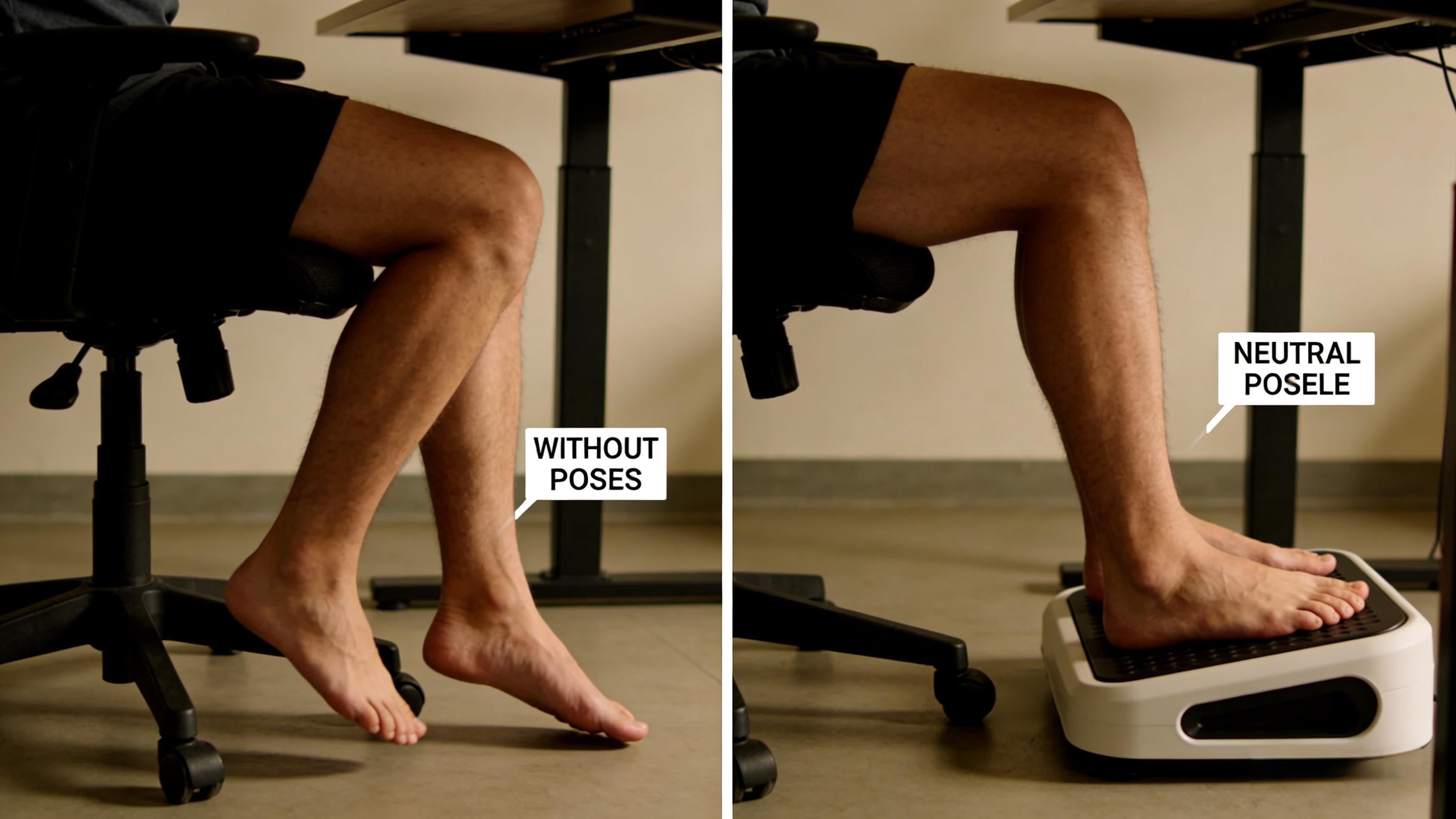 Comparison of sitting posture with and without an ergonomic foot rest showing improved leg alignment