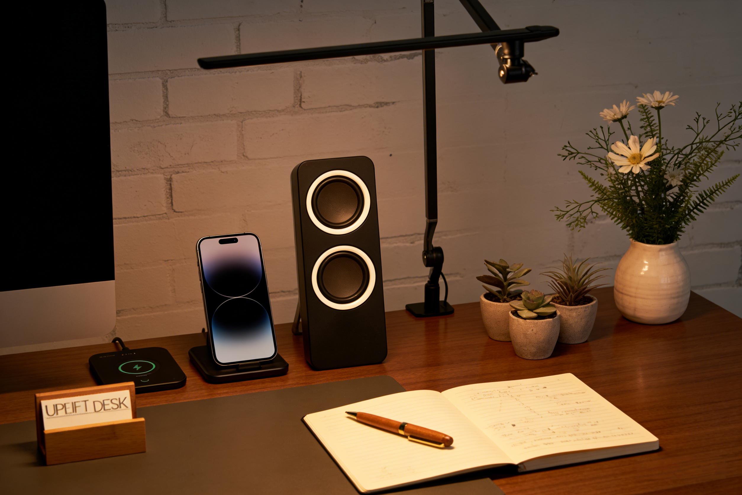 Late night student study table, modern adjustable desk lamp illuminates textbooks and notebooks, warm light creates a focused atmosphere