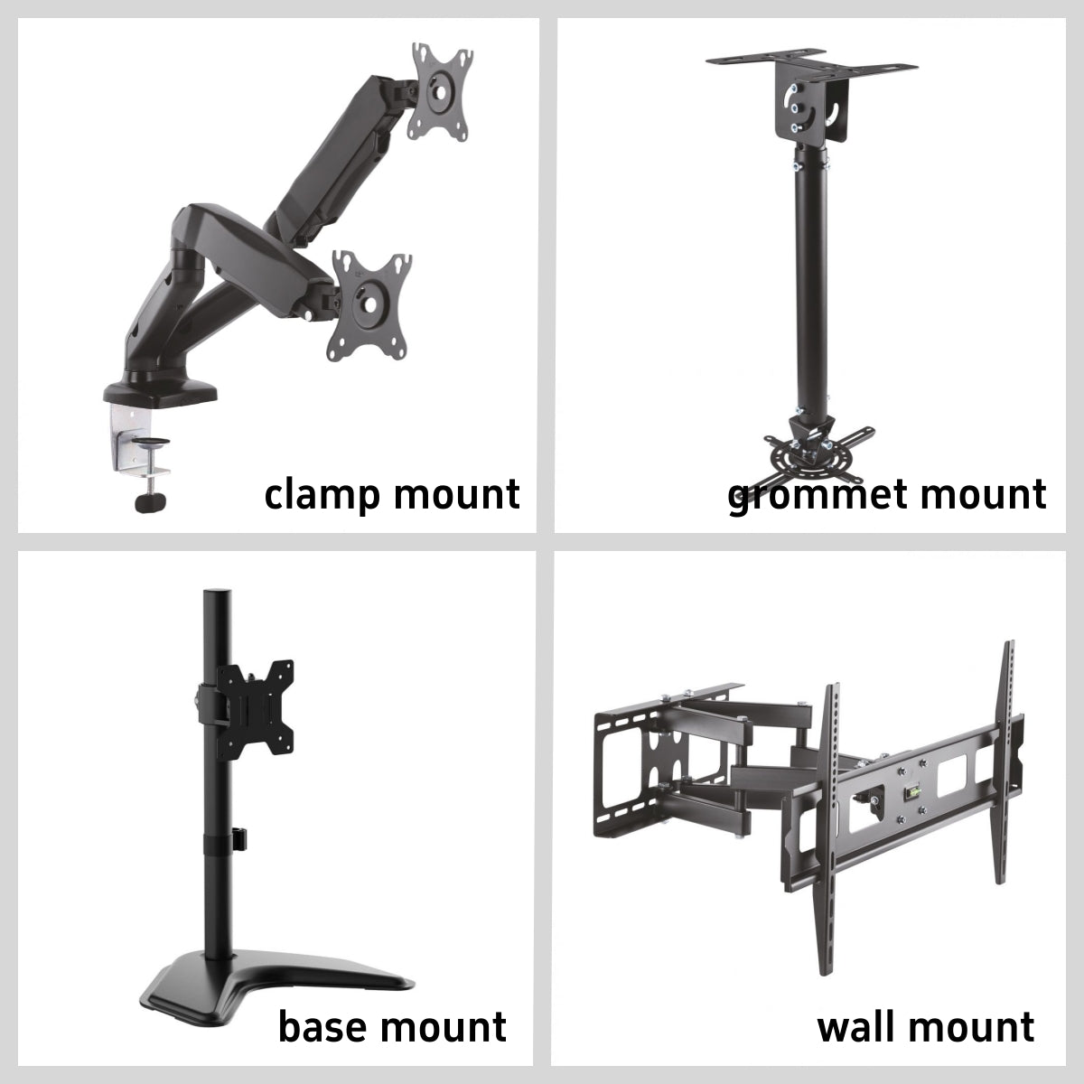 Illustration of clamp, grommet, base and wall mounts