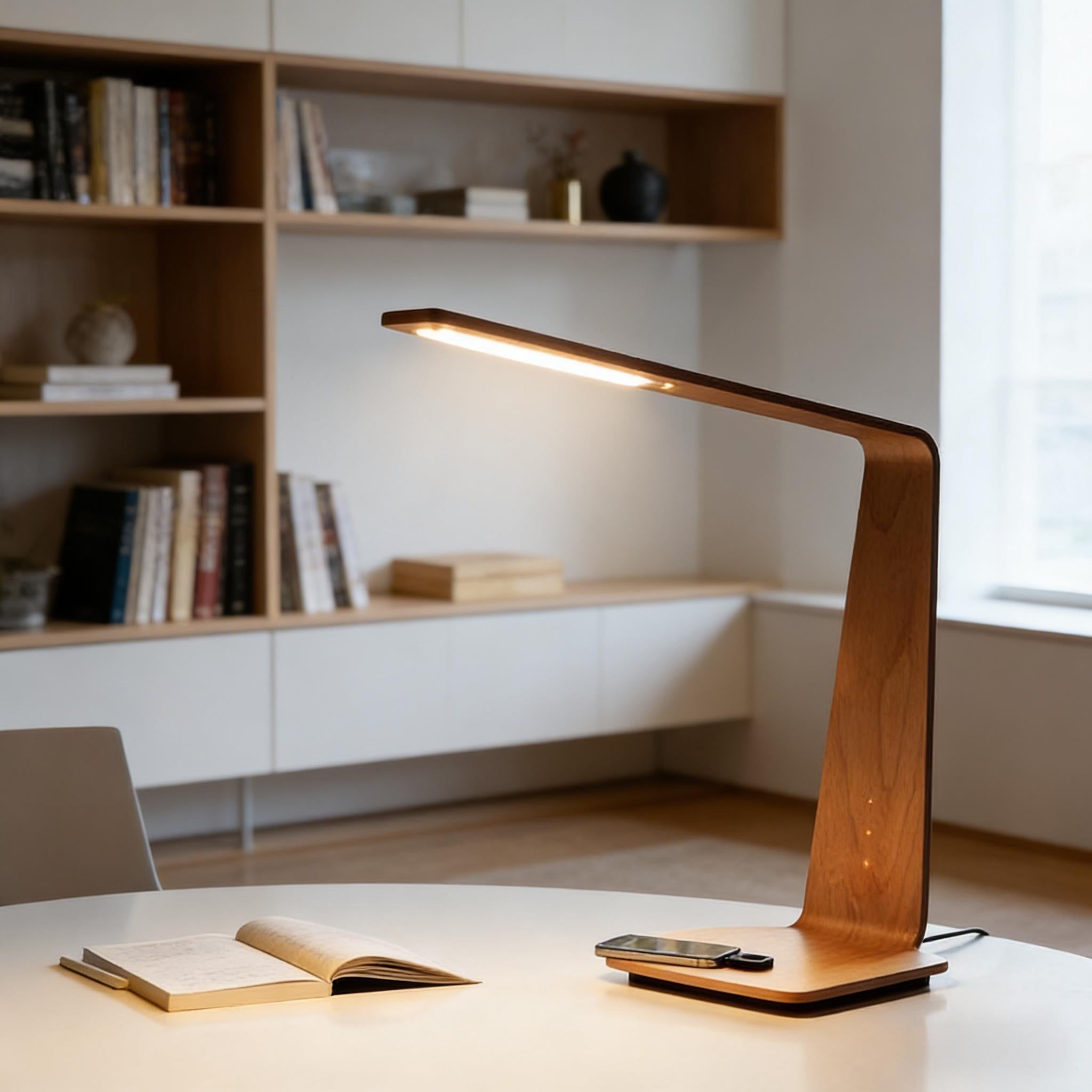 Minimalist Nordic style workbench, modern matte adjustable desk lamp blends with natural lighting to reflect design aesthetics