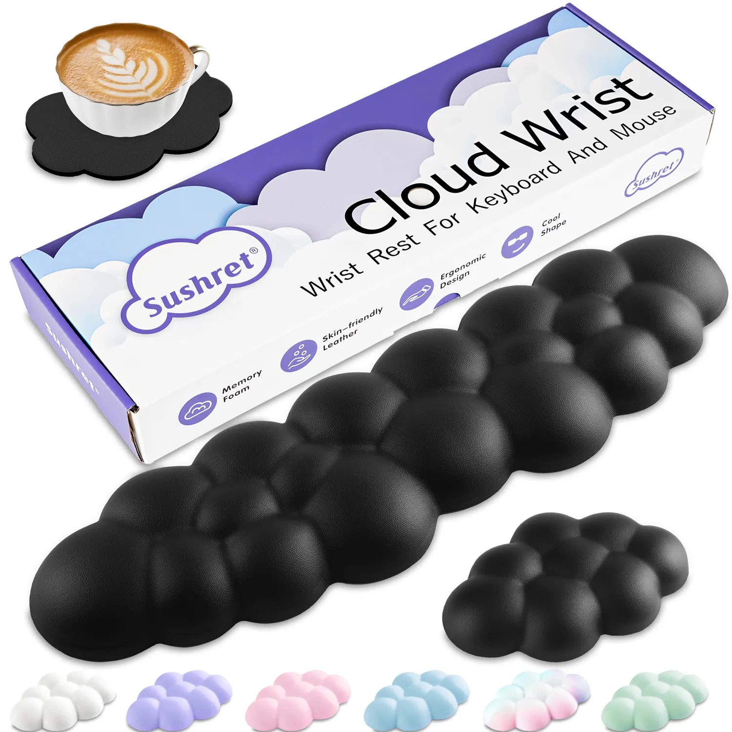 Black Cloud Tenkeyless / Full Size Wrist Rest Set - Cute PU Leather Palm Support for Laptop and Desktop Use