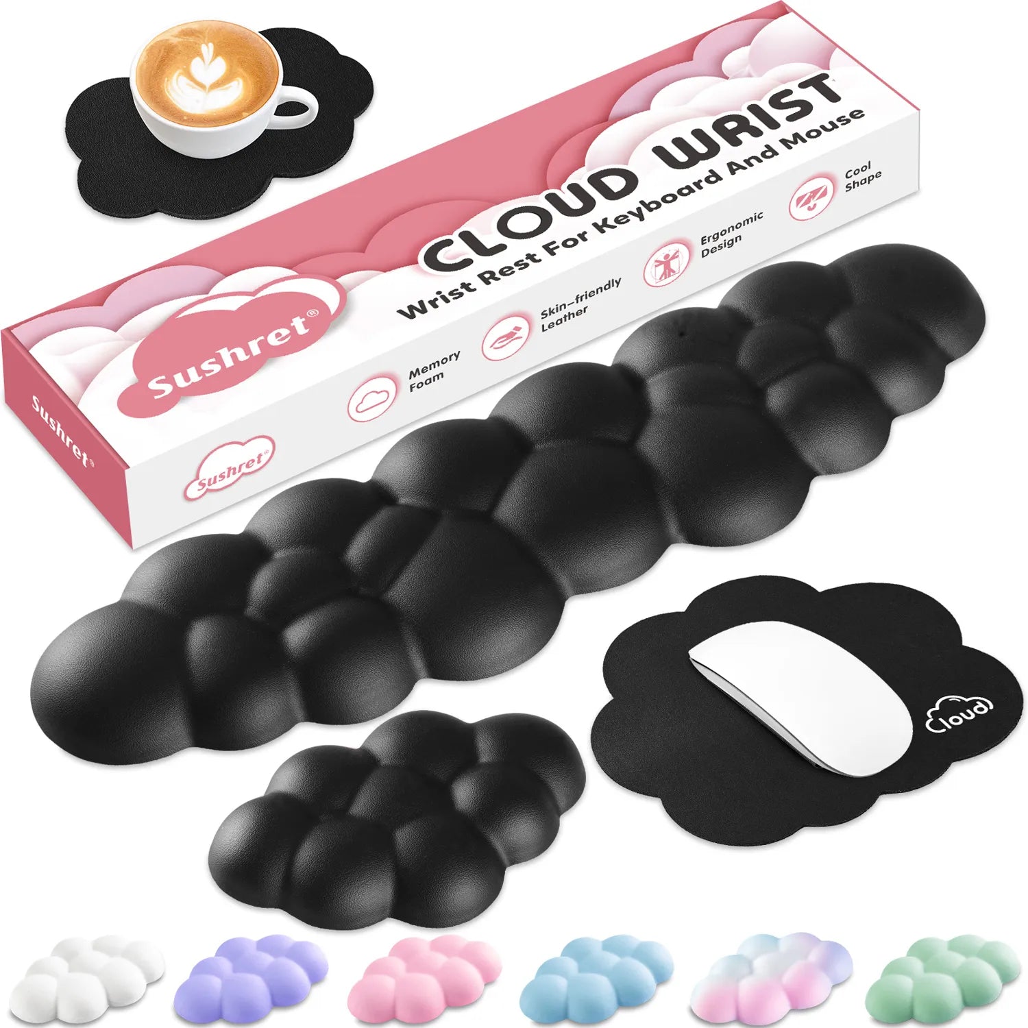 Black Cute 4-in-1 Ergonomic Cloud Wrist Rest Set – Memory Foam PU Leather for Laptop & Computer with Pain Relief and Anti-Slip Comfort