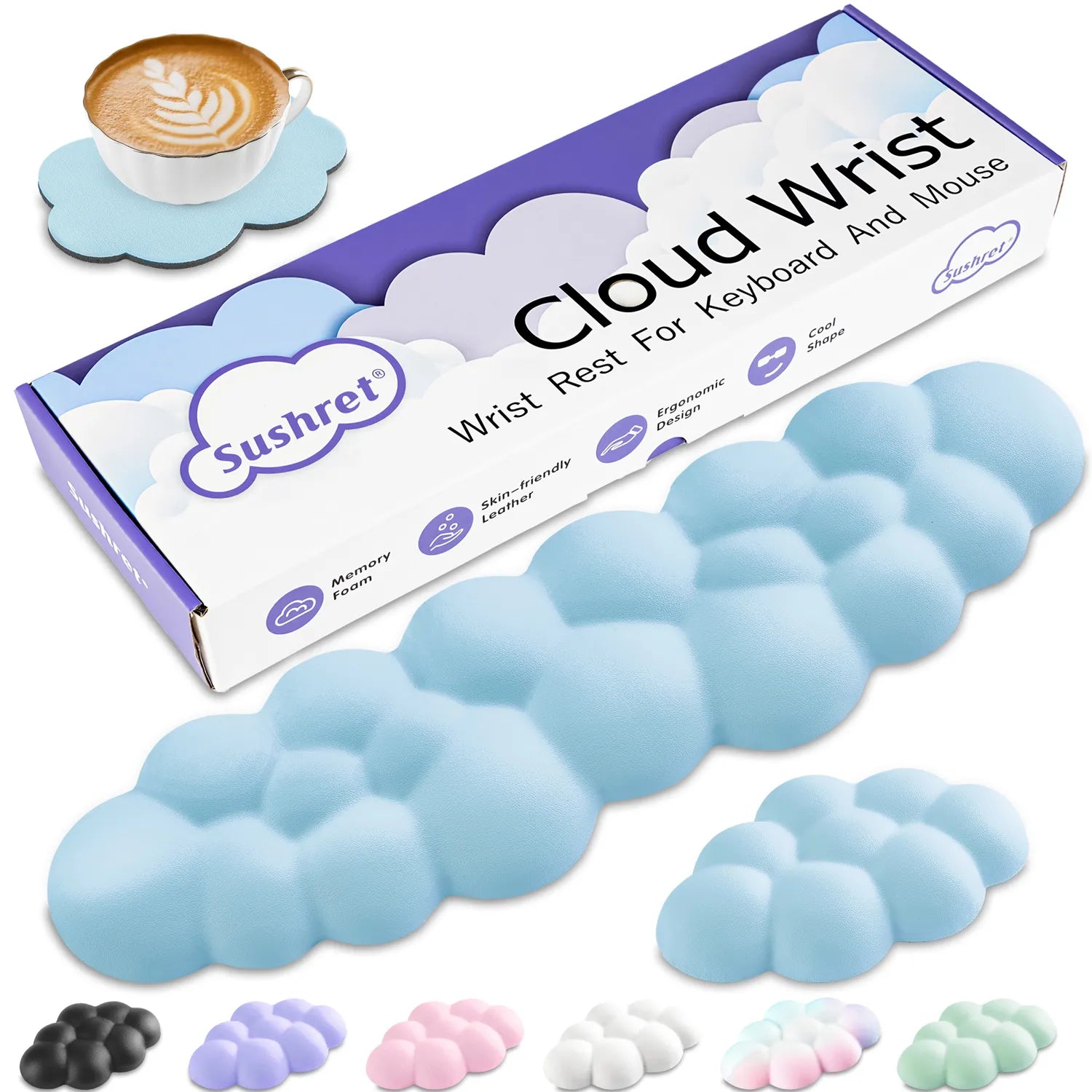 Blue Cloud Tenkeyless / Full Size Wrist Rest Set - Cute PU Leather Palm Support for Laptop and Desktop Use