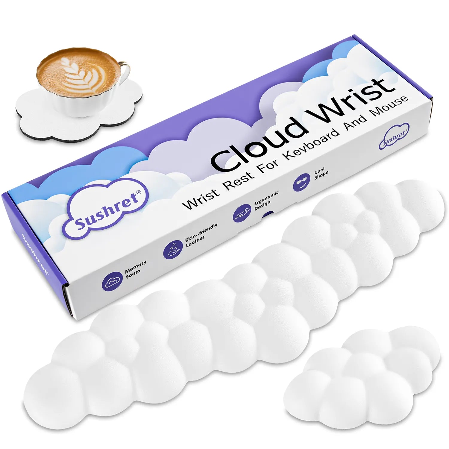 White Cloud Wrist Rest Keyboard And Mouse Set with PU Leather Memory Foam For Computer and Laptop - Cute Arm Rest for Palm Support
