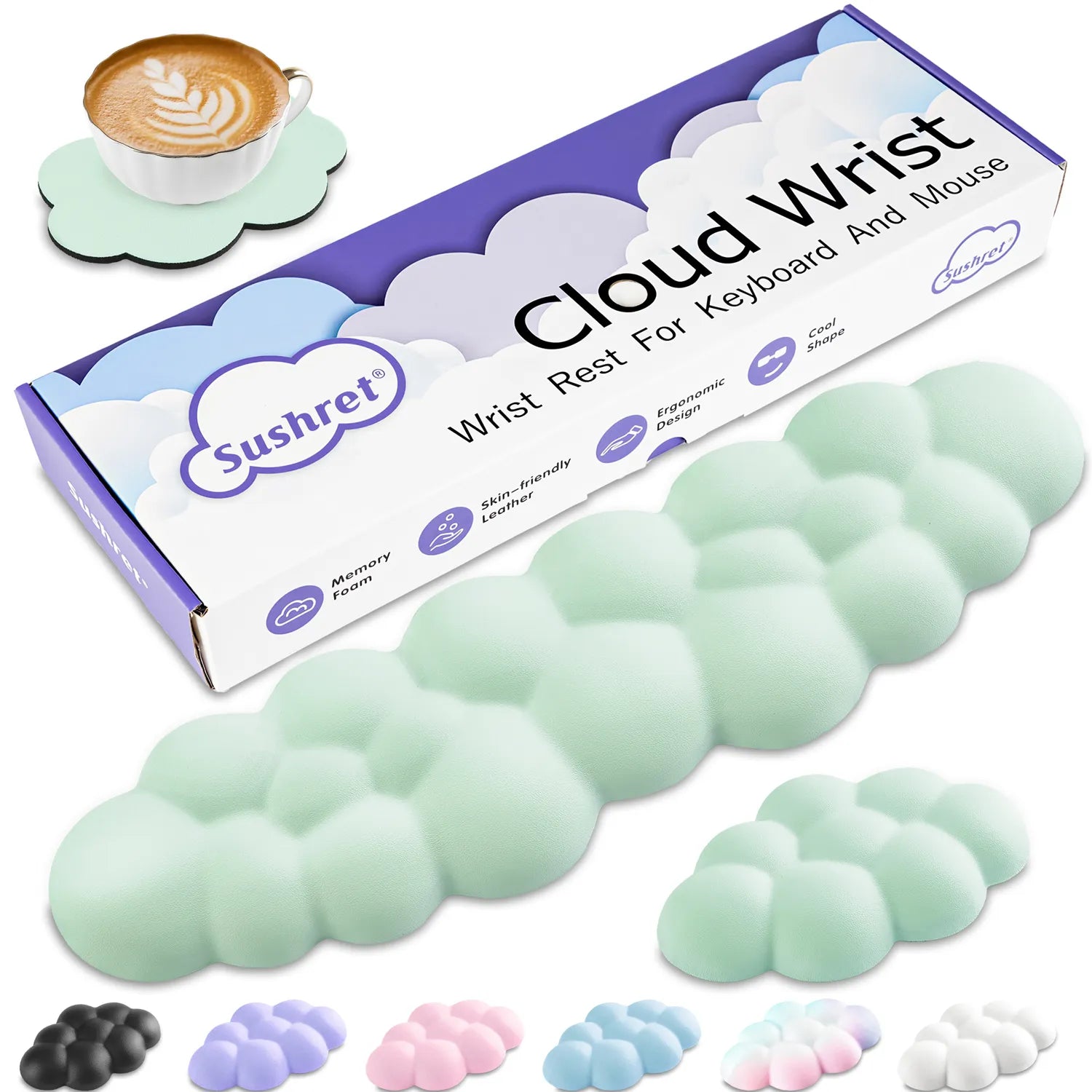 Light green Cloud Tenkeyless / Full Size Wrist Rest Set - Cute PU Leather Palm Support for Laptop and Desktop Use
