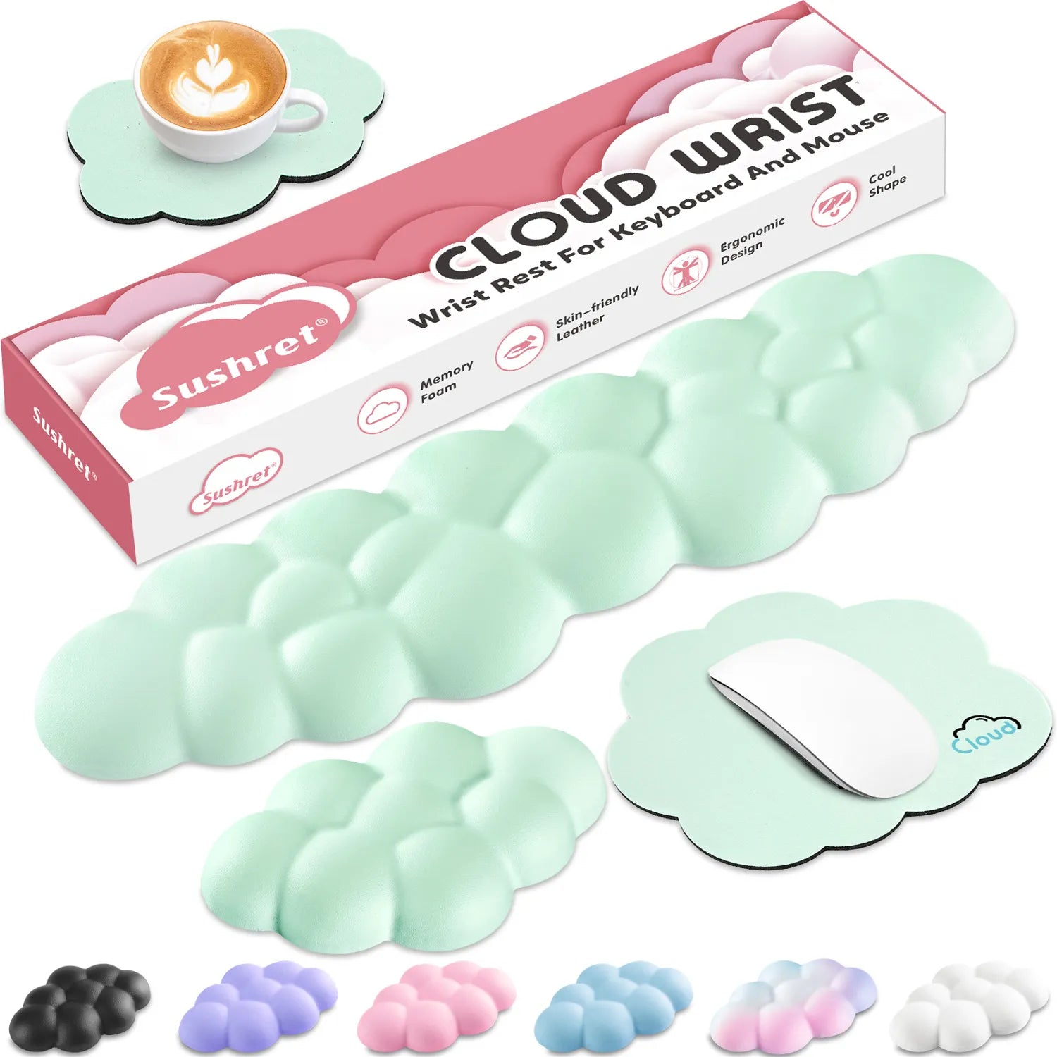 Light green Cute 4-in-1 Ergonomic Cloud Wrist Rest Set – Memory Foam PU Leather for Laptop & Computer with Pain Relief and Anti-Slip Comfort
