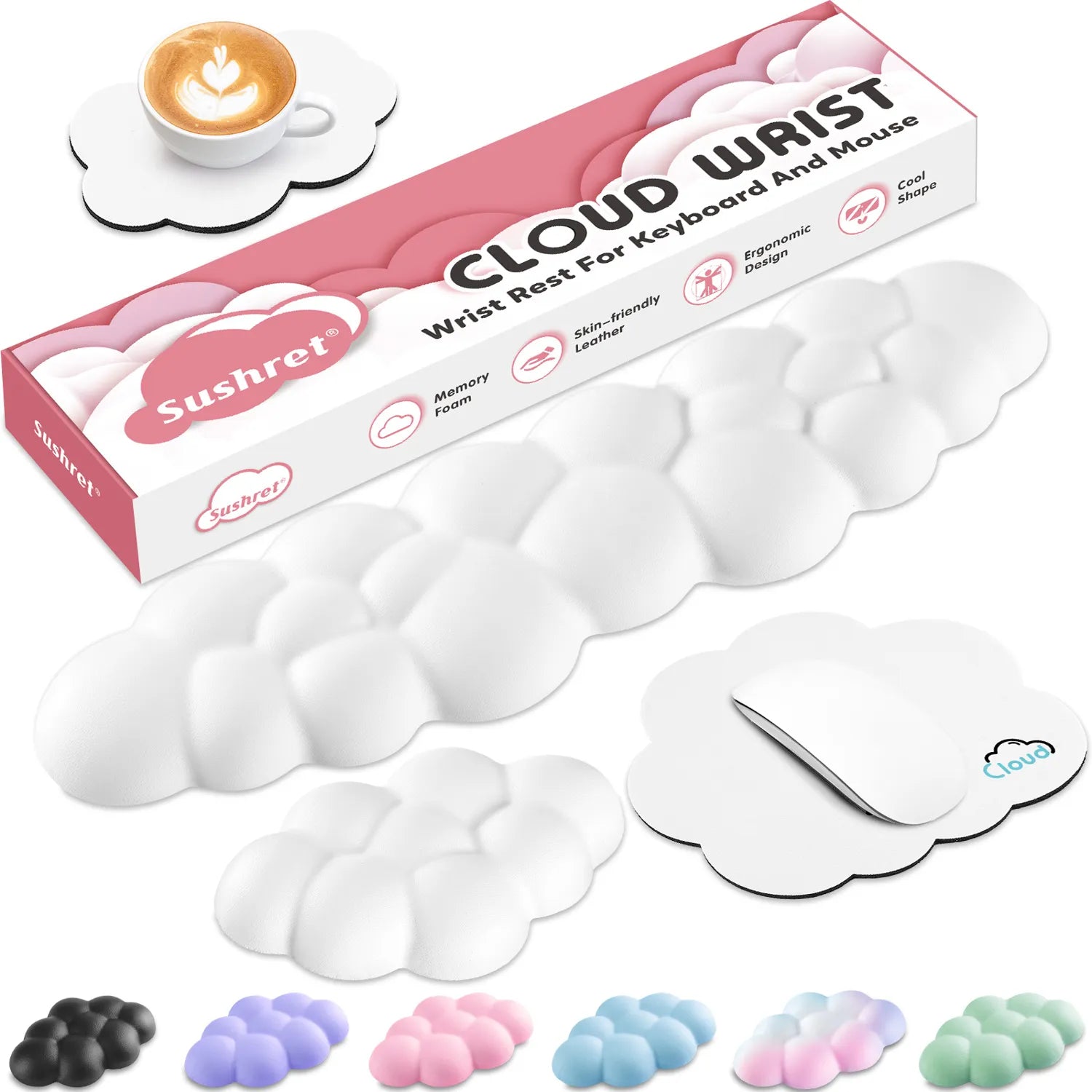 White Cute 4-in-1 Ergonomic Cloud Wrist Rest Set – Memory Foam PU Leather for Laptop & Computer with Pain Relief and Anti-Slip Comfort