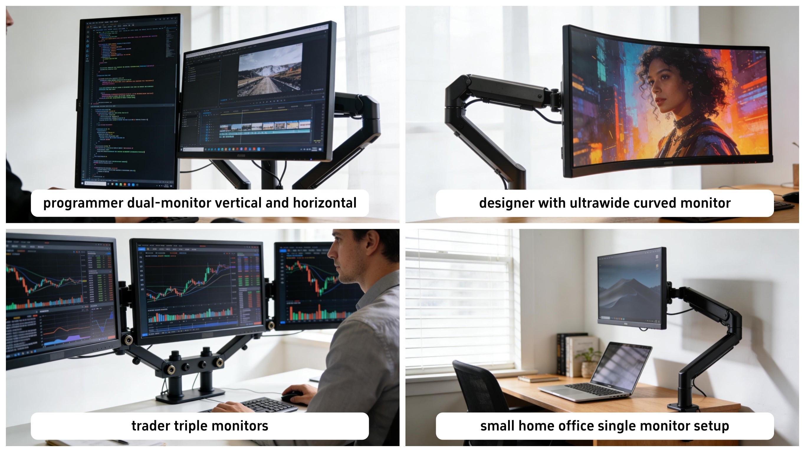 Four small photos: coder setup, designer setup, trader setup, home office setup