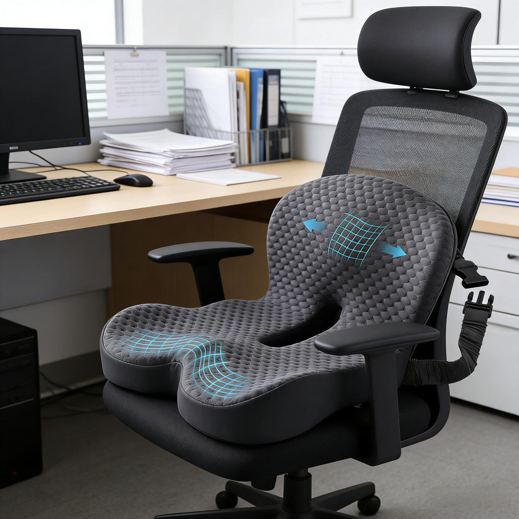 U-shaped memory foam seat cushion designed for tailbone pressure relief