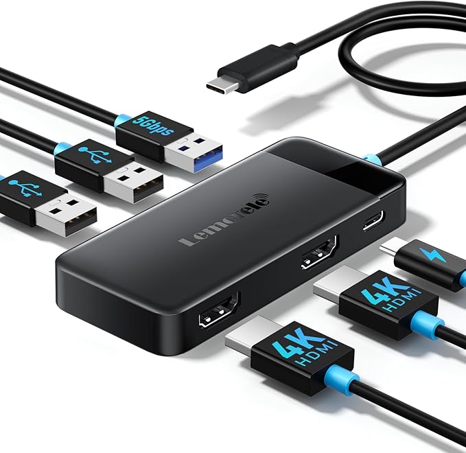 Compact USB hub with multiple USB-A and USB-C ports, showing optional HDMI output and minimal power passthrough